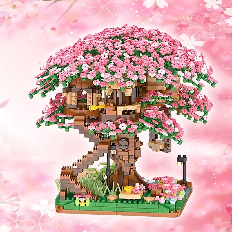 Mini Sakura Boomhut 2138 Stuks Bouwstenen Kersenbloesem Plant Stad Straat Uitzicht Bakstenen Diy Model Ornament Speelgoed Kinderen Cadeau