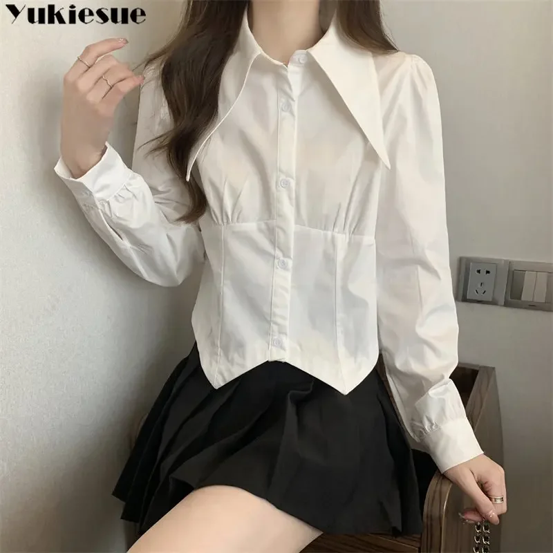 

Temperament Korean Spring Summer Ladies Tops Button Irregular Blouses Women Long Sleeve Slim Fit Short Blouse Sense of Design
