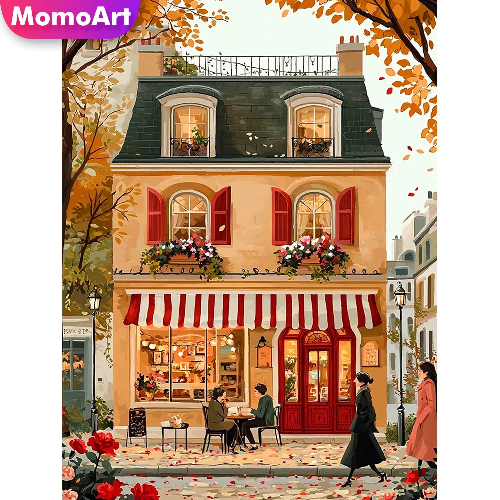 Momoart DIY Diamant-Mosaik, Straßenlandschaft, quadratische Stickerei, Hausbild aus Strass, Gemälde, handgefertigt, Hobby