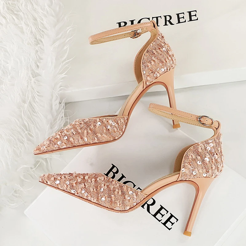 BIGTREE Shoes Fashion Sequin Cloth Woman Pumps Hollow Buckle Heeled Sandals Summer Shoes Stilettos Heels 9 Cm Luxury Party Shoes