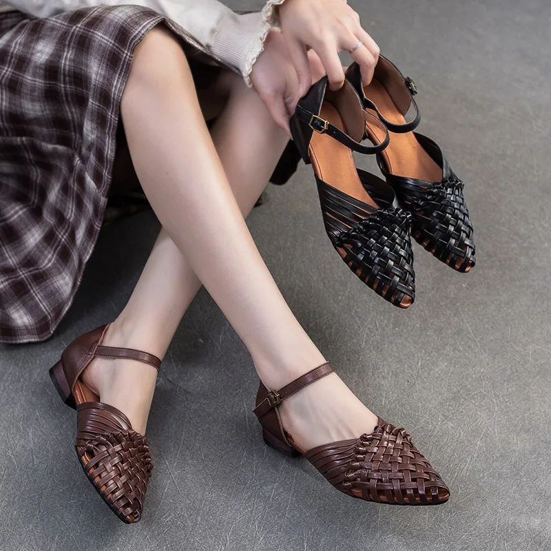 

Birkuir Retro Weave Closed Toe Sandals For Women Soft Pointed Toe Low Heel Luxury Sandals Genuine Leather Hollow Flats Slides