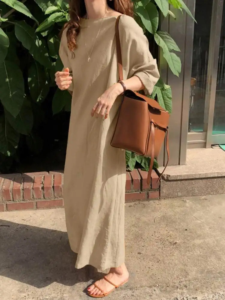 ZANZEA Women Long Sleeve Maxi Dress Vintage Autumn Sundress Casual Solid Loose Cotton Dresses Party Vestidos Holiday Robe Femme