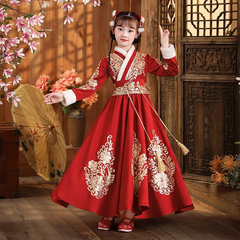 Pakaian Tahun Baru Cina Merah untuk Anak Perempuan Antik Hanfu Gaun Berlapis Musim Dingin Cheongsam Bayi Baru Hadiah Natal Setelan Tang Anak-anak