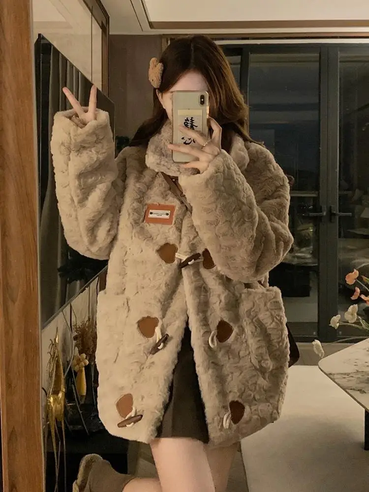 Large Size Women's Furry Lamb Fur Jaet Rabbit Velvet Leather Cotton Coat Winter Loose One-Piece Stand Collar Button up Long...
