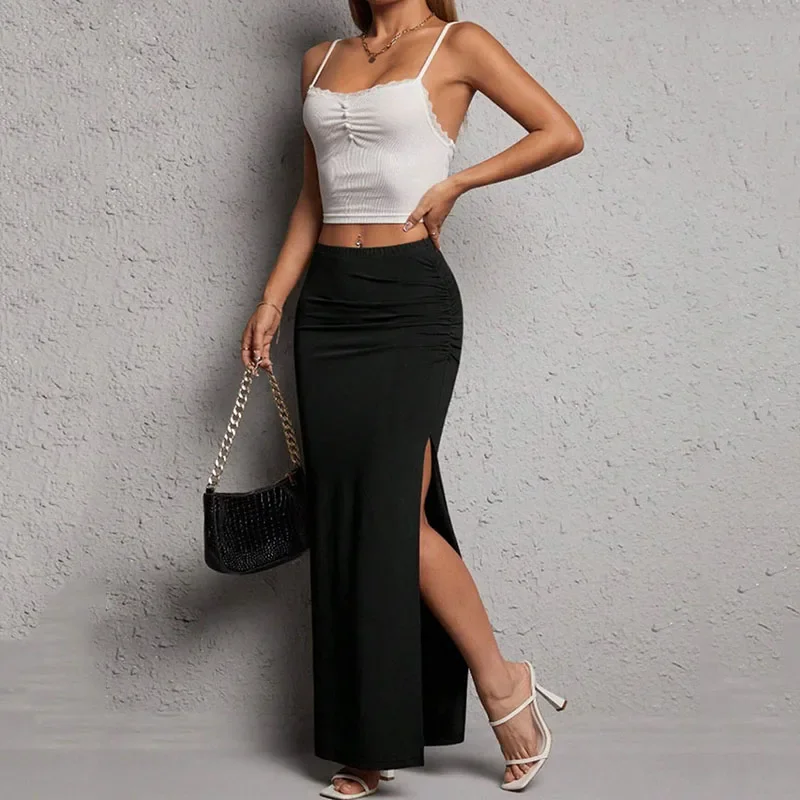 Sexy Black Bodycon Skirt for Women Elegant Chic Side Split Long Skirts Woman Summer 2025 New High-Waisted  Skirts