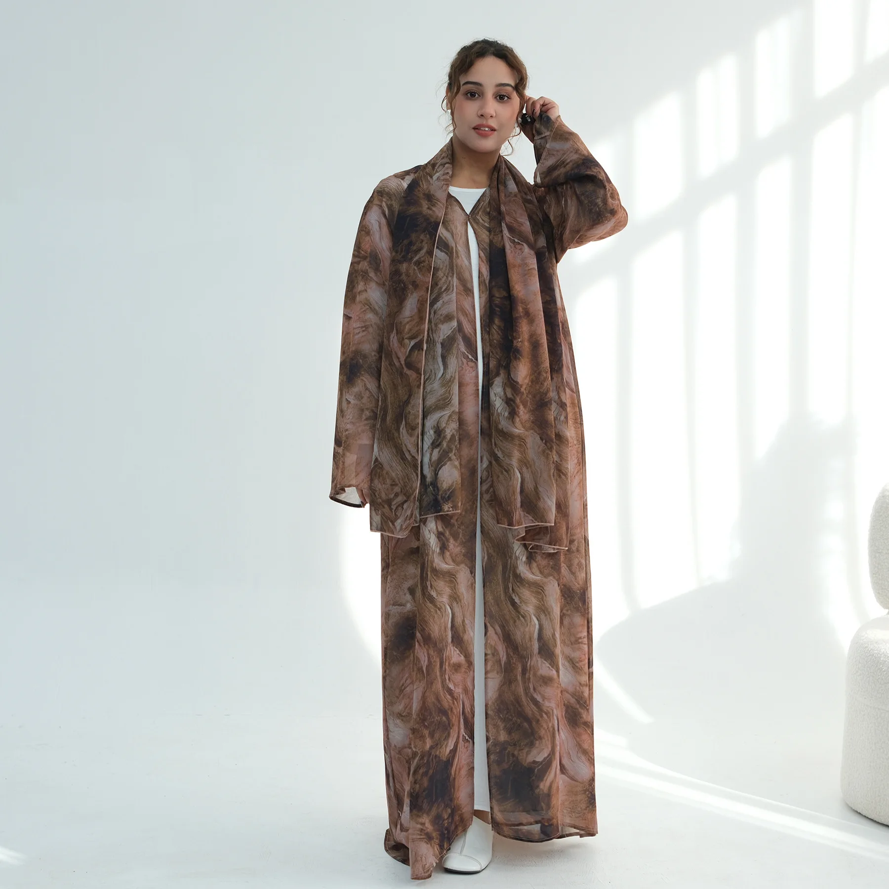 도매 쉬폰 오픈 아바야 옴브레 수채화 마블 타이다이 프린트 프리미엄 두바이 아바야 2피스 세트 이슬람 의류