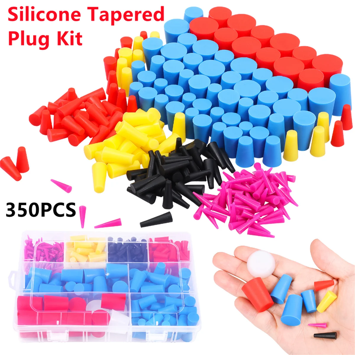 

350pcs 1/16" To 3/4" High Temp Masking Plugs Powder Coating Silicone Rubber Tapered Plug Kit Multifunctional Car Accessories
