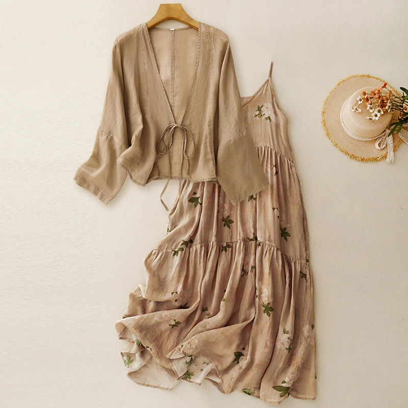 Retro Ethnic Style Button-Up Cardigan Floral Halter Dress Two-Piece Set Women's New Chinese Style Draping Autumn Fashion Set