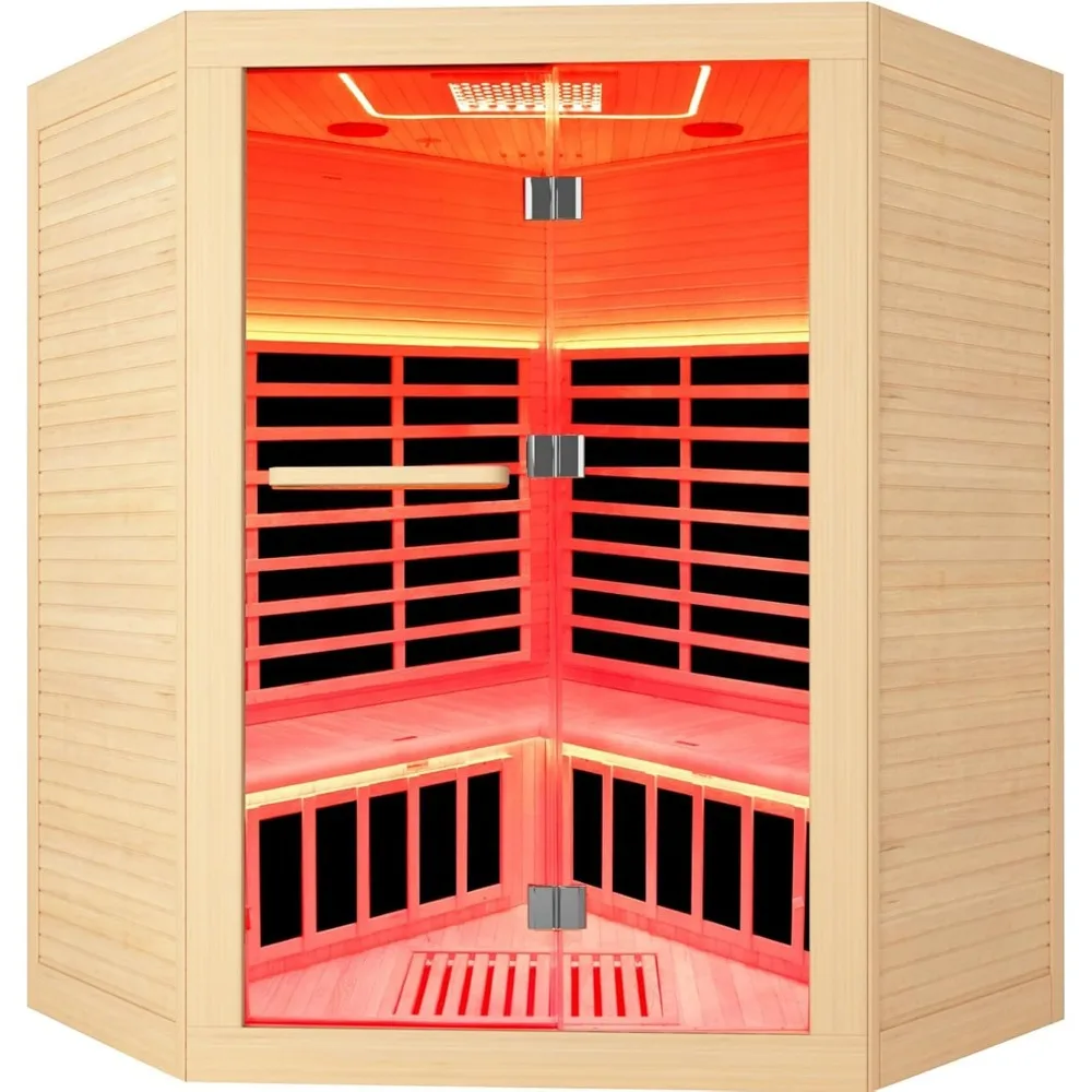 

Far Infrared Home Sauna Room, Red Light Wooden Indoor Dry Sauna, Indoor Corner Sauna Spa with Full Spectrum Heater, Floor Heater