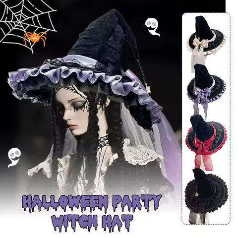 NEW Black Halloween Witch Hat Party Cosplay Costume Magic Fairy Lolita Anime Headgear Bowknot Gothic Vampire Bride Big Brim Cap