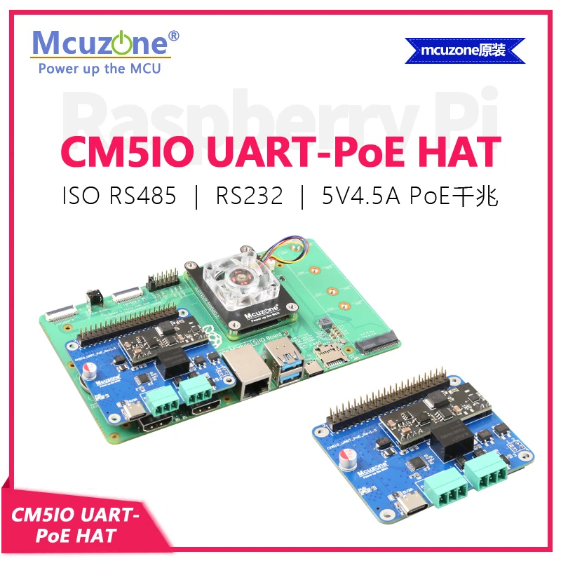 Raspberry Pi CM5IO UART-PoE HAT, 5V4.5A, RS232 e ISO RS485