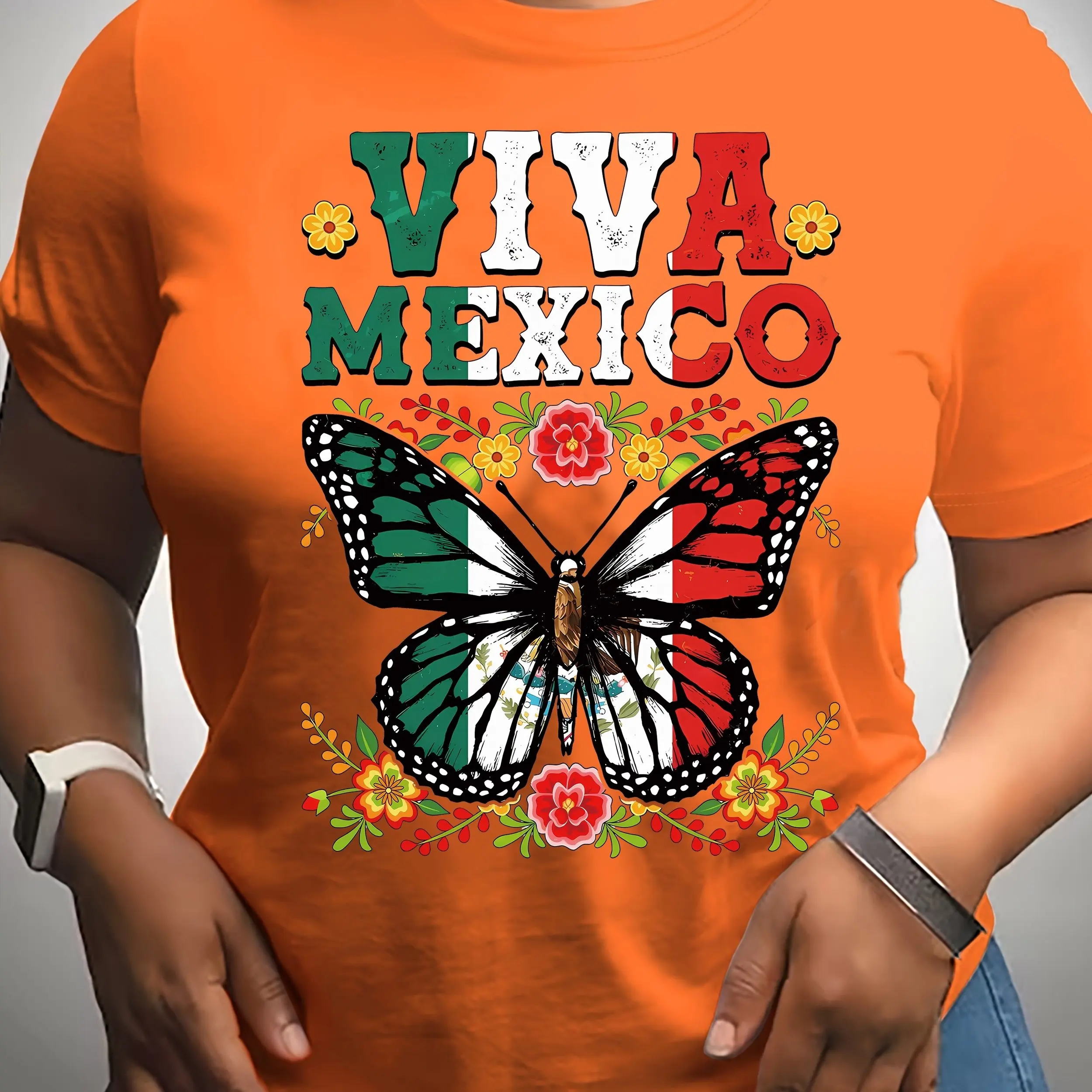 Vibrant Mexico Flag Butterfly Print Short Sleeve Crew Neck T-shirt - Casual Summer & Spring Top - Women\'s Fashion Clothing