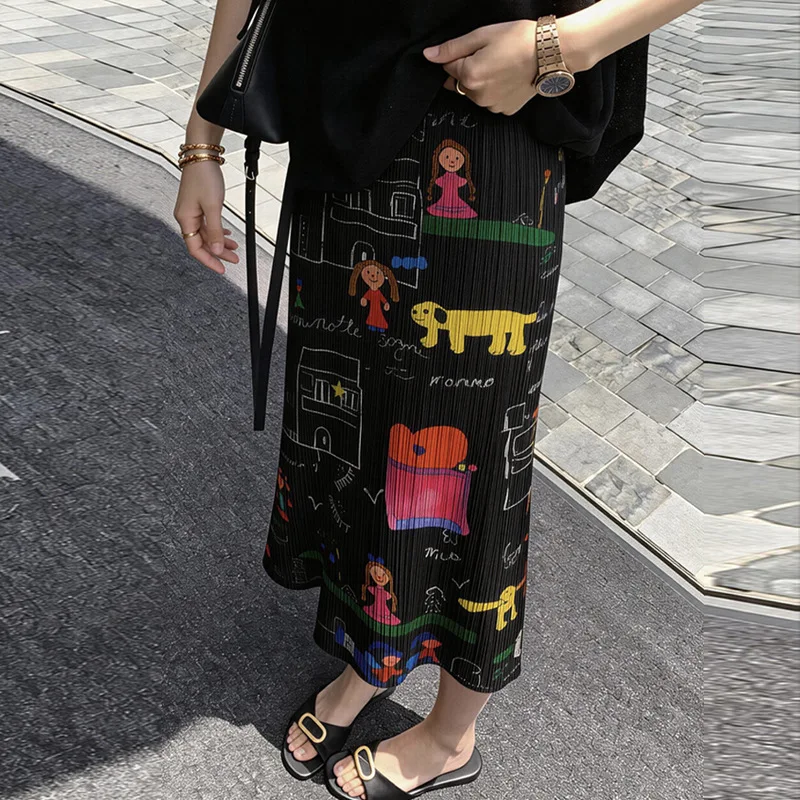 Miyake Pleated Women's Skirt 2026 New Japanese Design Elastic Waist Cartoon Print Slimming Hip Skirt Pleated Skirt