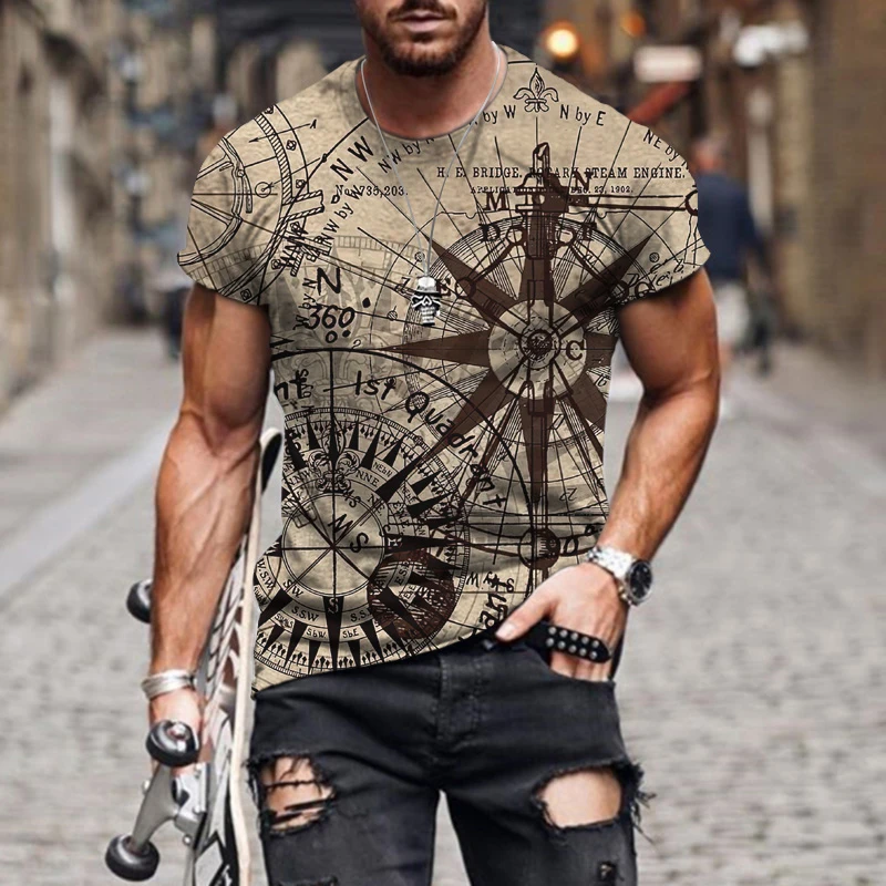 Men\'s Short Sleeve Round Neck T Shirt Fashion Vintage Summer Casual Loose Navigation Map Print T-Shirts Loose Plus Size XXL-6XL