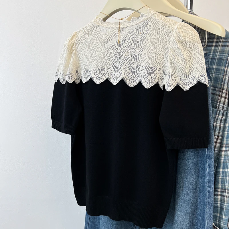 Patchwork renda feminina de malha cardigan camisa roupas verão alta estiramento manga curta solta senhoras topos