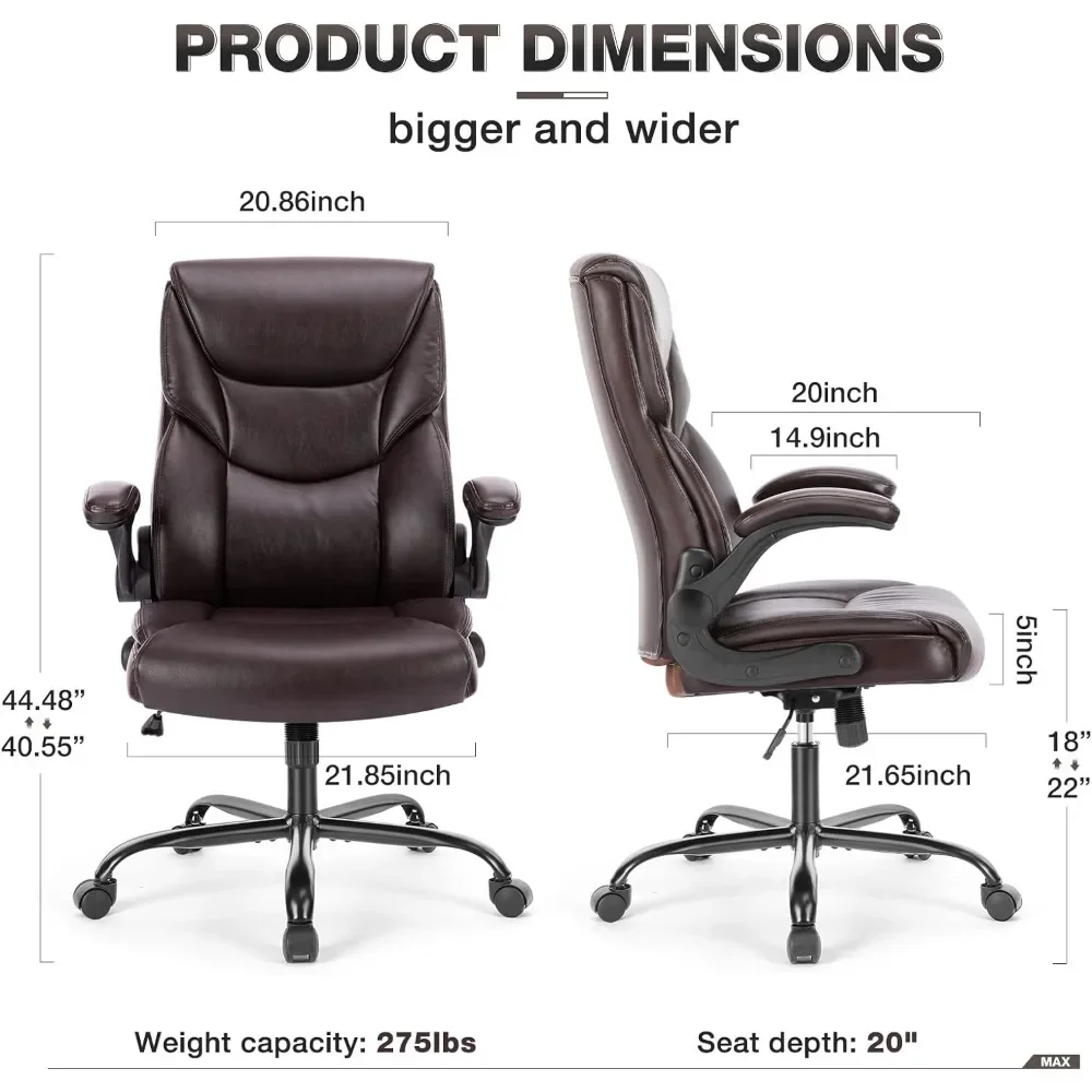 High Back Ergonomic Executive Desk Chair Mobile PU Leather Flip-Up Armrests Computer Chair Brown Office Backrest Furniture