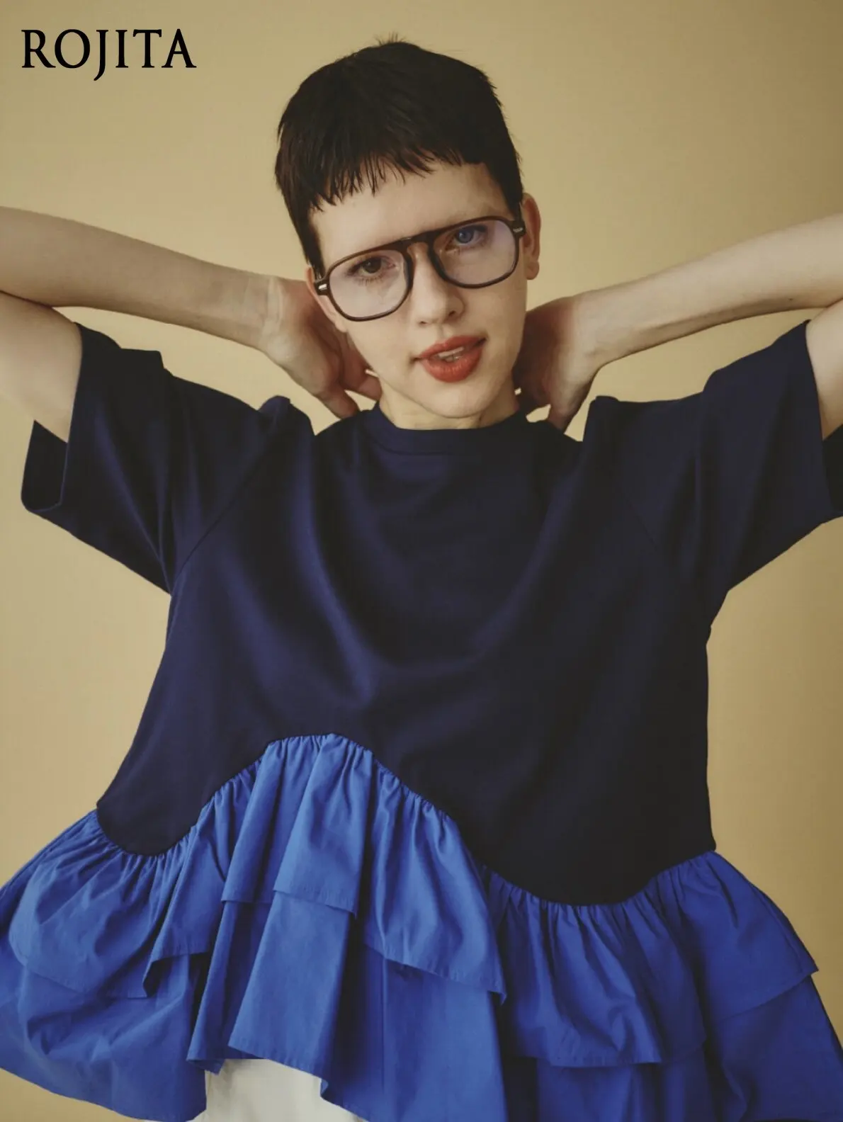 Women's Asymmetrical Ruffle Hem T-Shirt Irregular Peplum Top Japanese Splicing Double-layer Ruffle Edge Short-sleeved T-shirt