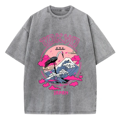 Imagen 2 del producto Vintage Womens Acid Wash T-Shirts Tokyo Harajuku Printing Tees Crewneck Cotton Oversized Short Sleeve Fashion Female Clothes