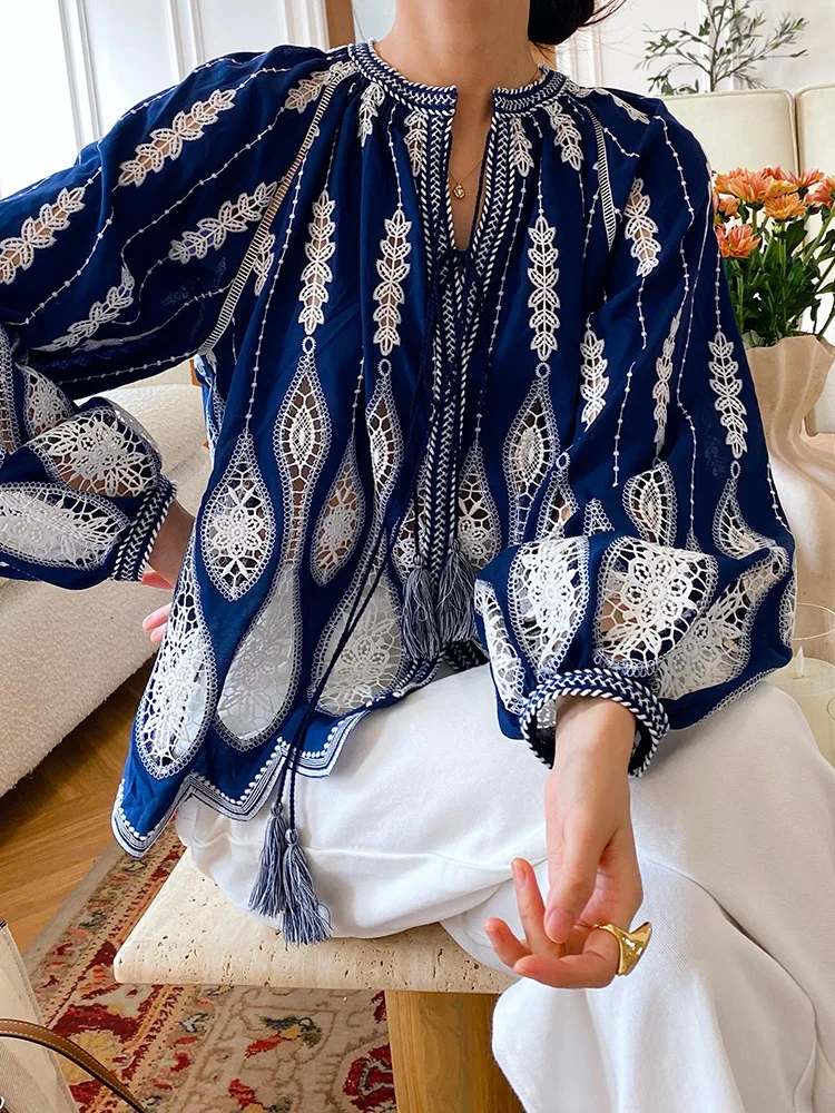 

2026 Embroidery Hollow Out Loose Blouse Women, Fashion Blue Shirt, White Summer Tops