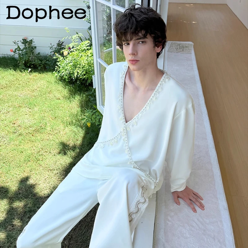 

Men's 2025 Spring Autumn New Deep V-Neck Tops Stylish Tassel Personality Design Simple Shirts Male Fashion Long Sleeve Shirts