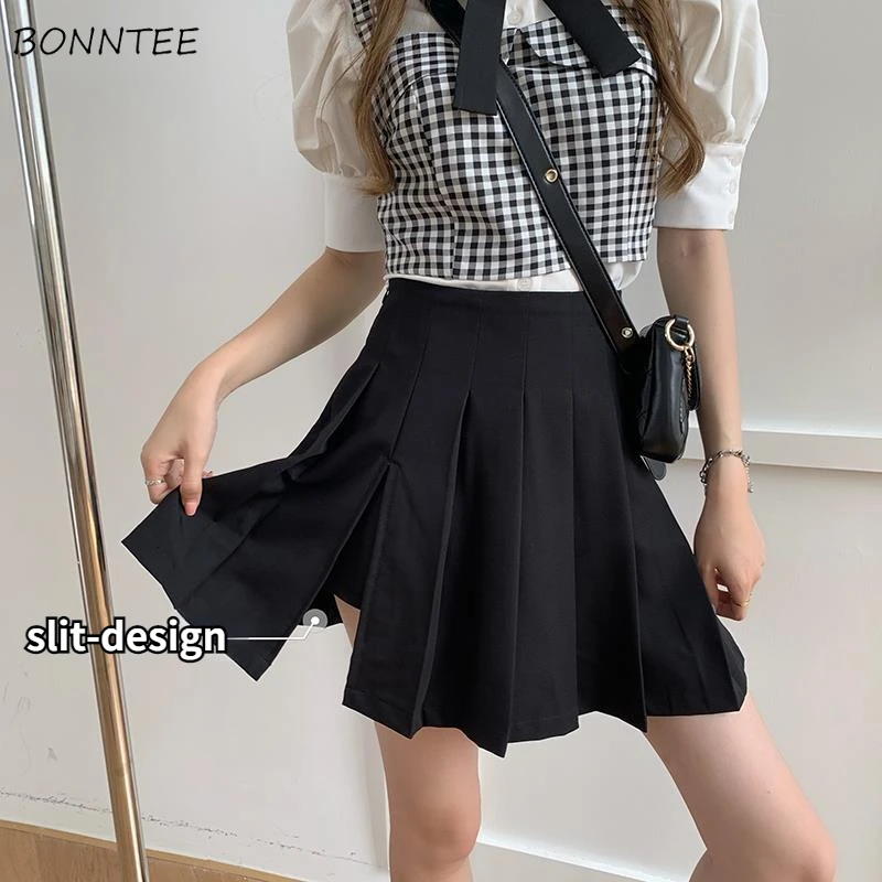 Plaid Tanks Sets Women 3 Pcs Sweet Design Shirts Preppy Style Ladies Mini Skirts Folds Summer Side-slit Stylish Casual Daily BF