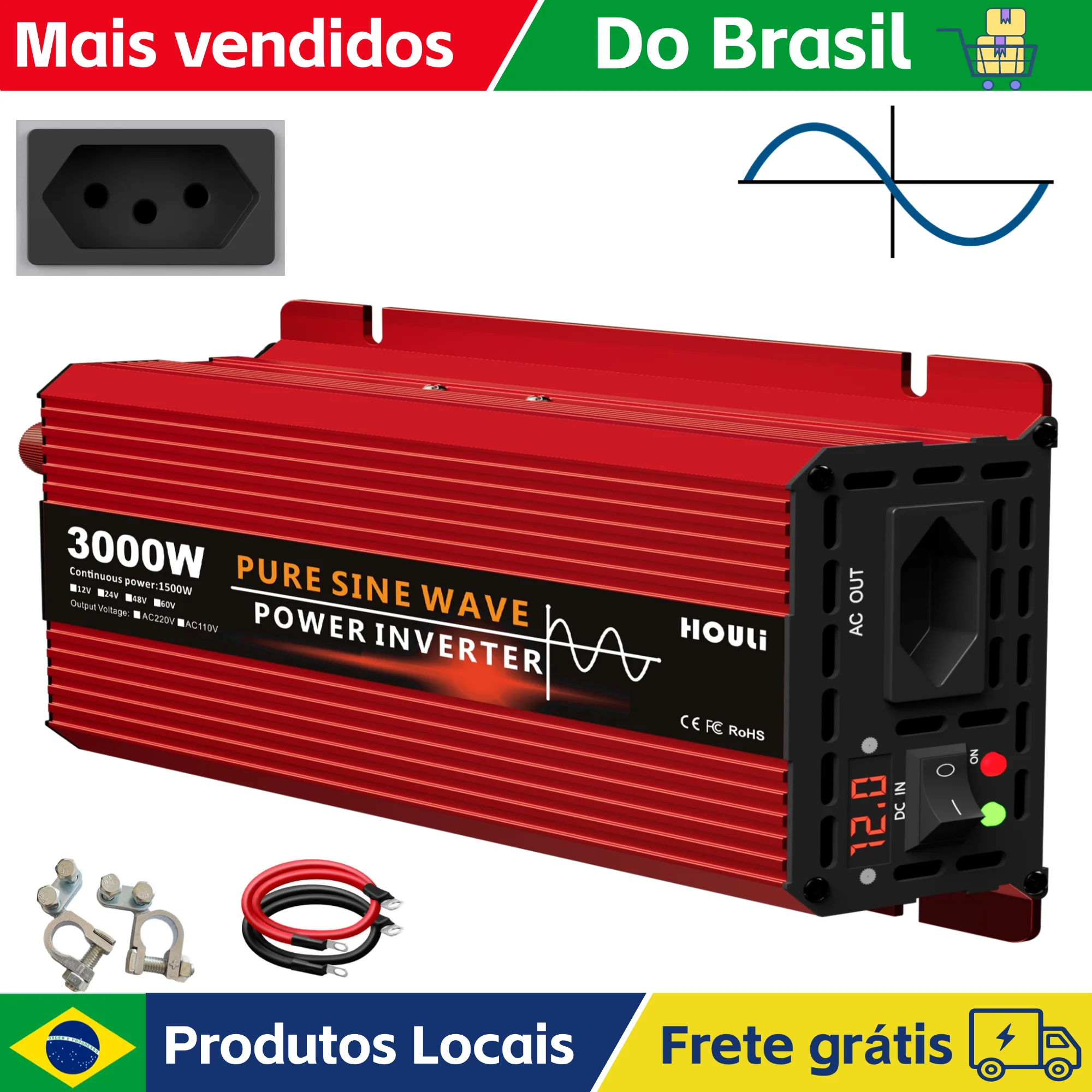 HOULI do brasil inversor de onda senoidal 2200W 3000w pura 12v 24v to ac 110v 120v 60hz energia solar