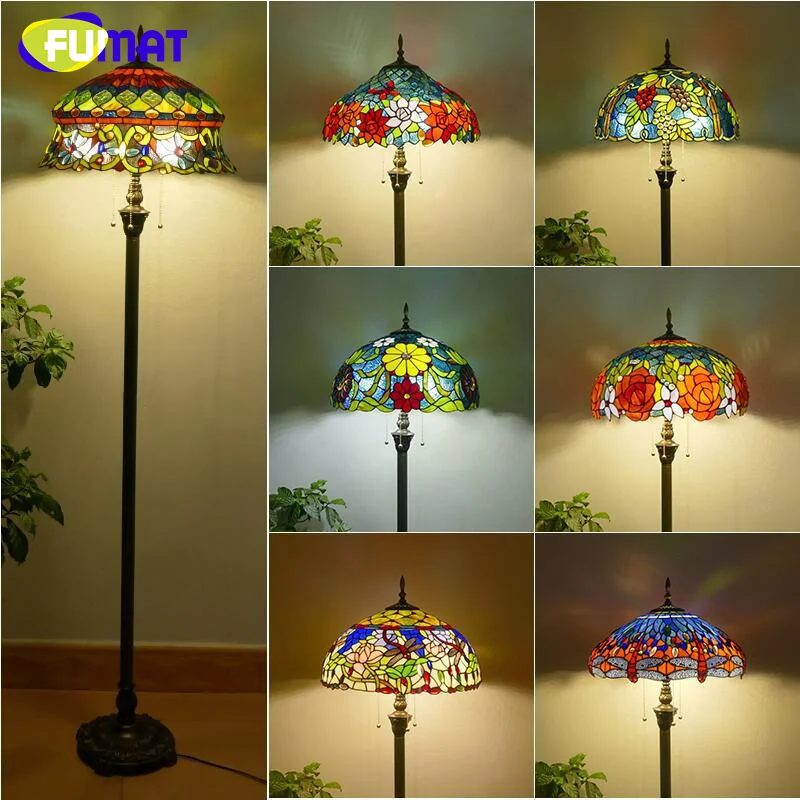 

FUMAT Tiffany style stained glass 18inch European retro floor lamp iron base for study bedroom living room hotel LED decor