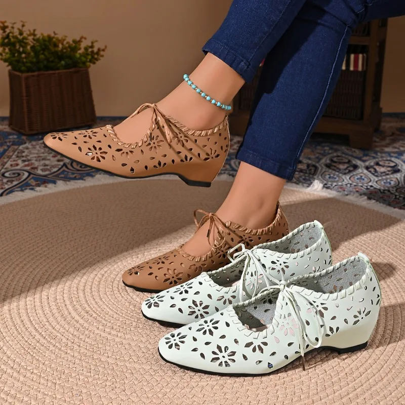 Women Floral Hollow Cutout Lace Up Wedge Slip on Shoes 6.5CM Two Way Wear Square Toe Breathable Casual Daily Walking Flats