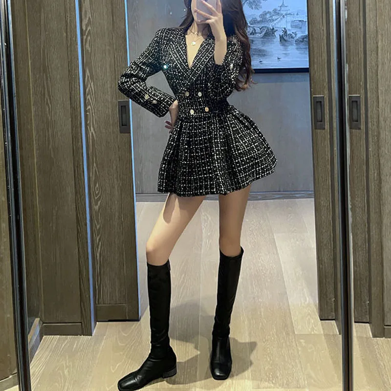 Autumn Winter New Women's Turn-down Collar Button Spliced Shrink Your Waist Fashion Elegant Commute Long Sleeve Versatile Dress