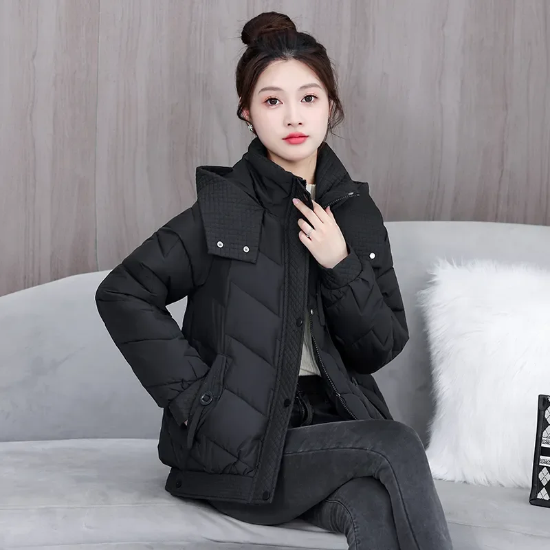 2024 Autumn Winter New Cotton-Padded Coat Women's Short Outwear Thick Warm Parka Embroidered Lattice Hooded Cotton  Jacket Coat