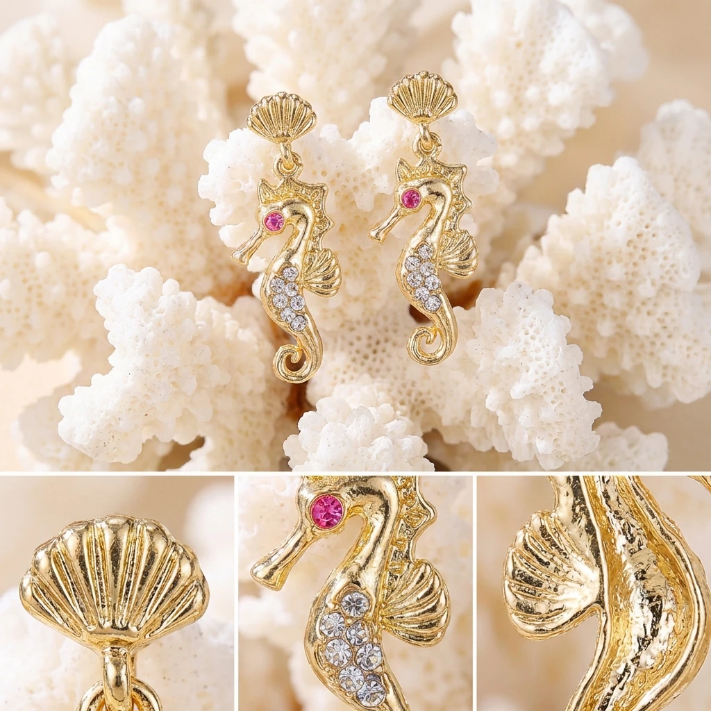 Elegante Rosa Klare Strass-Seepferdchen-Ohrhänger für Damen Goldfarbene Muschel-Ohrstecker Nautisches Ozean-Thema Schmuck Sommer-Geschenk – Detail 4