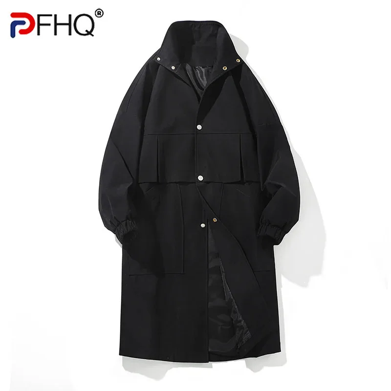 PFHQ Autumn Winter Trench Men's Coat Medium Solid Color Single Breast Long Sleeve Simple  Male Trench Korea Fashion 21Z6032