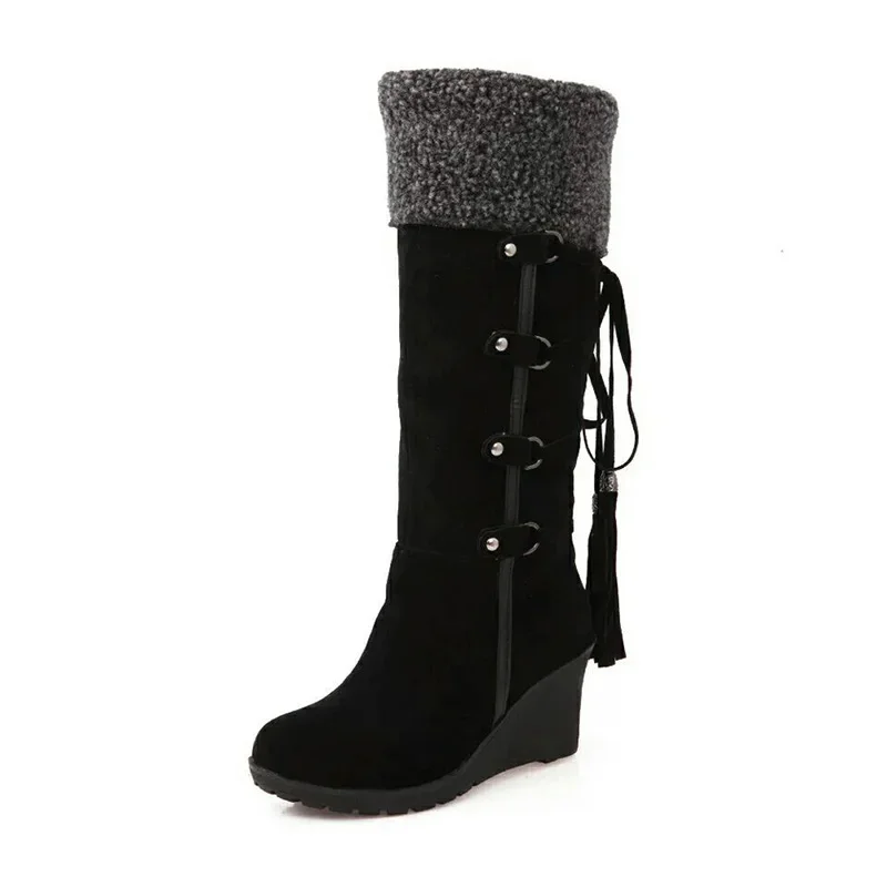 Botas de nieve cálidas para mujer, zapatos de algodón hasta la rodilla, tacón de cuña, talla grande 42, Invierno