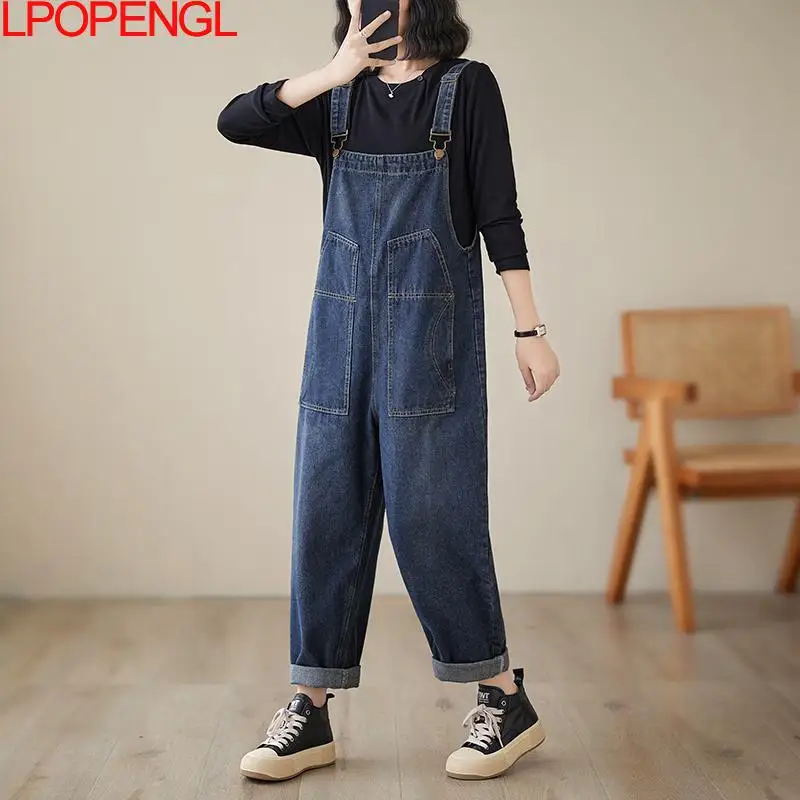 2023 New Vintage Loose Denim Jumpsuit Women Autumn Streetwear Pockets Cargo Baggy Pants Wide Leg Straps Jeans Ladies Overalls