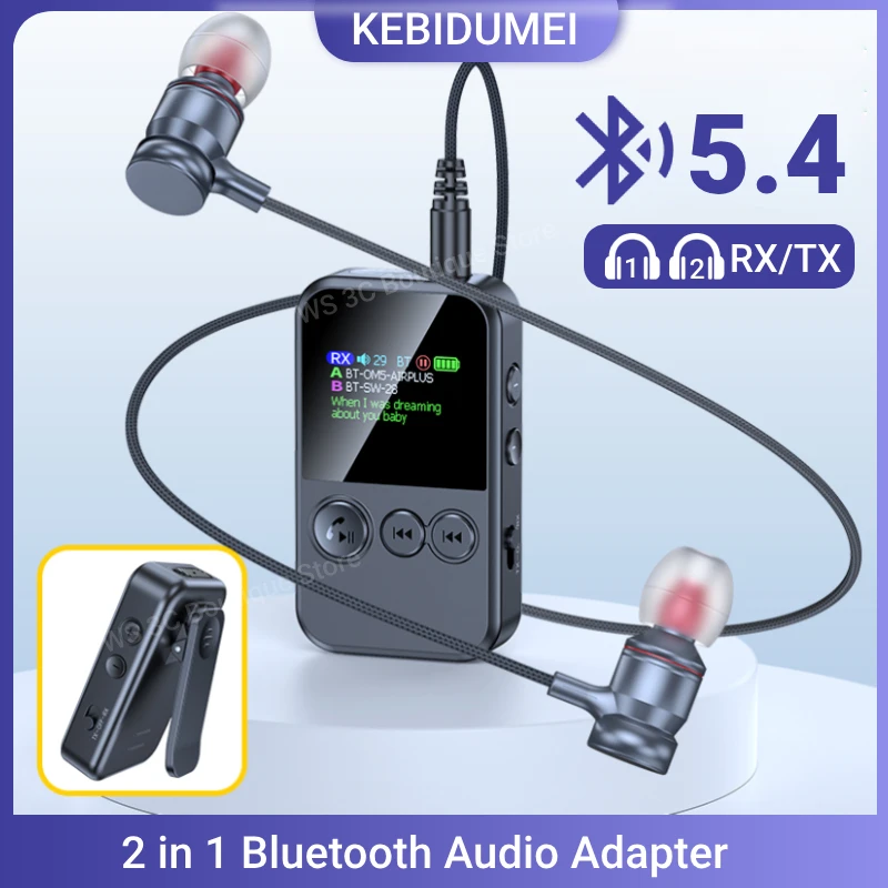Lavalier Bluetooth 5.4 Audio Receiver Transmitter 3.5mm AUX TF Card Play Wireless Adapter with LCD Display For PC TV Speaker