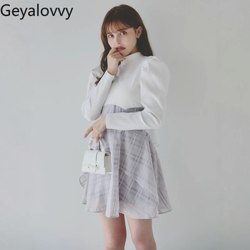 

Japanese Back Bow Splicing Slimming Long Sleeve Dress Sweet Girls Fake Two-piece Stand-Up Neck High Waist Short Dresses