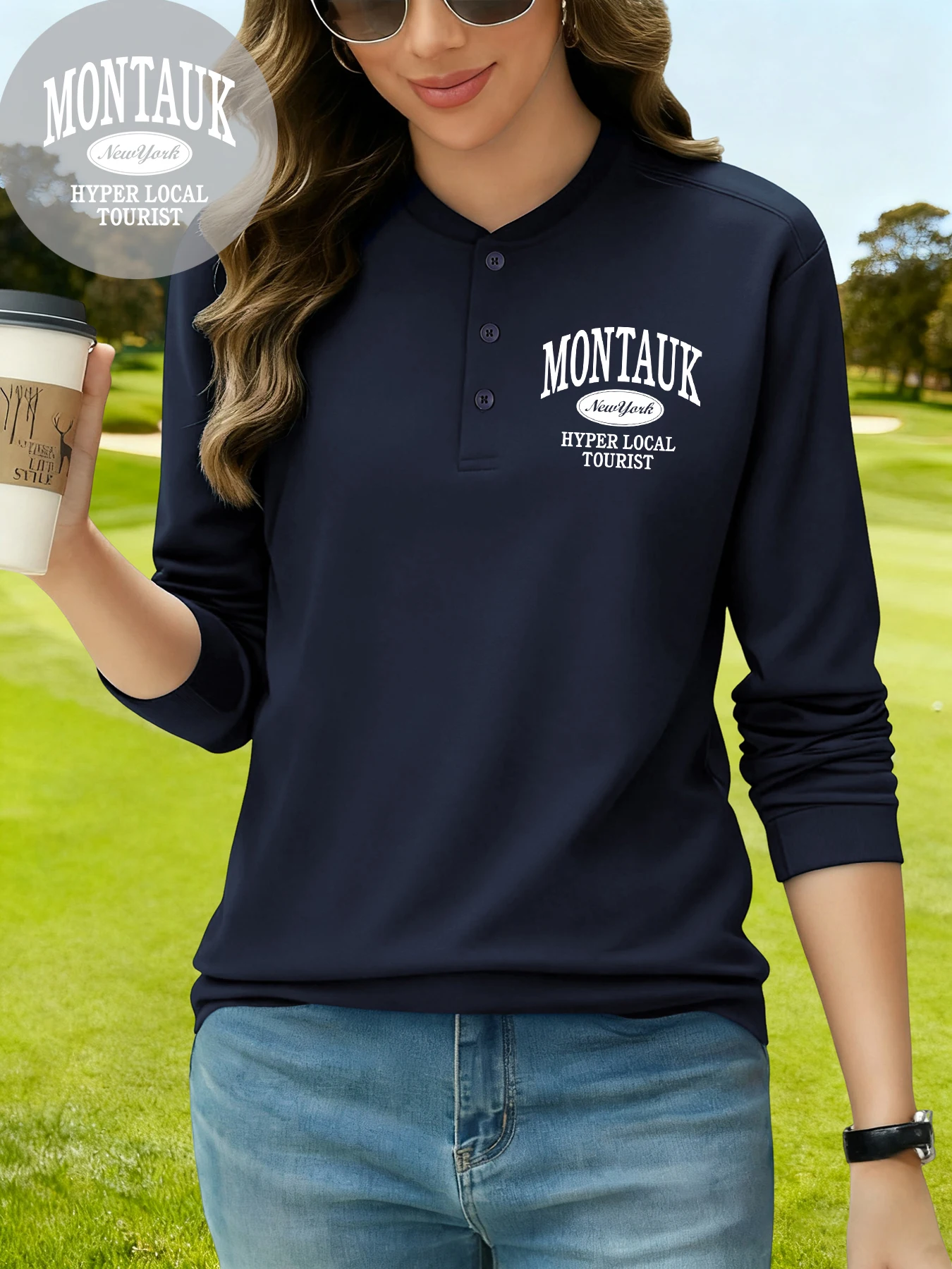 

Montauk New York Hyper Local Tourist Print Henley Shirts Women Cotton Y2K T Shirt Business Autumn Sportswear Sports Long Sleeve