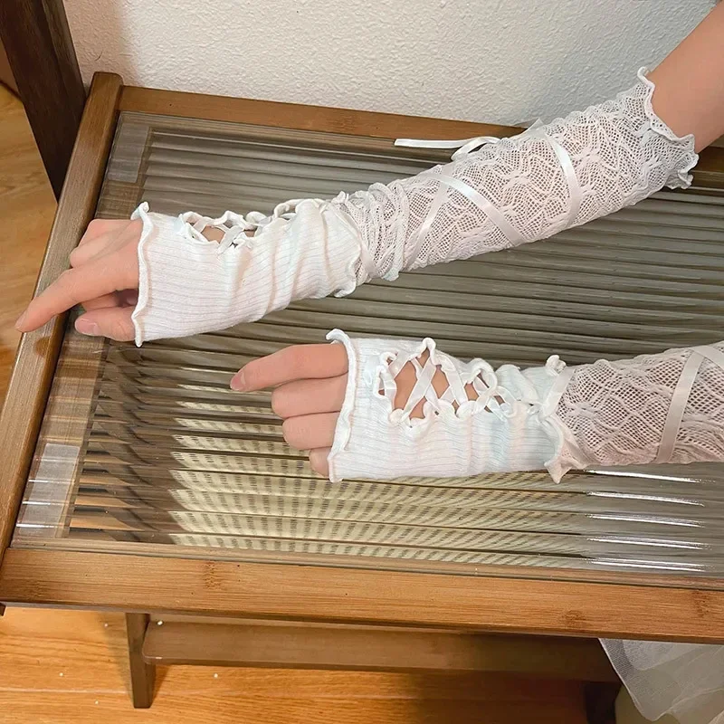 Sarung Tangan Wanita Lolita Jk Tanpa Jari Berenda Hitam Gothic DIY dengan Tali Pelindung dari Sinar Matahari Aksesoris Pakaian Sarung Tangan Punk Jaring Elastis