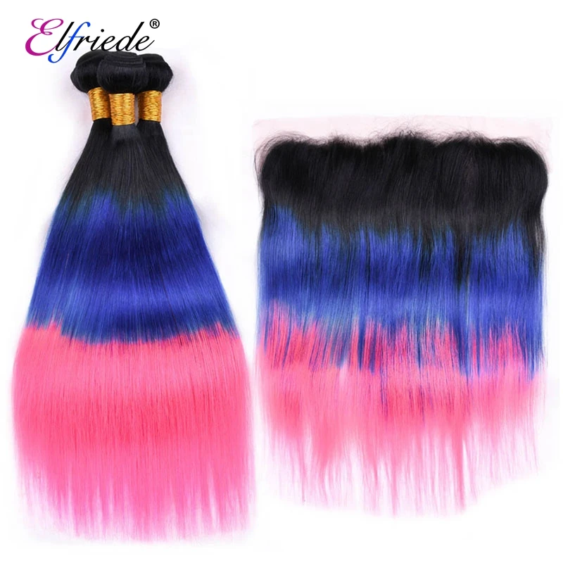 Elfriede bundel rambut berwarna Ombre lurus 1B/biru/merah muda dengan 100% depan rambut manusia Remy 3 bundel dengan renda Frontal 13x4