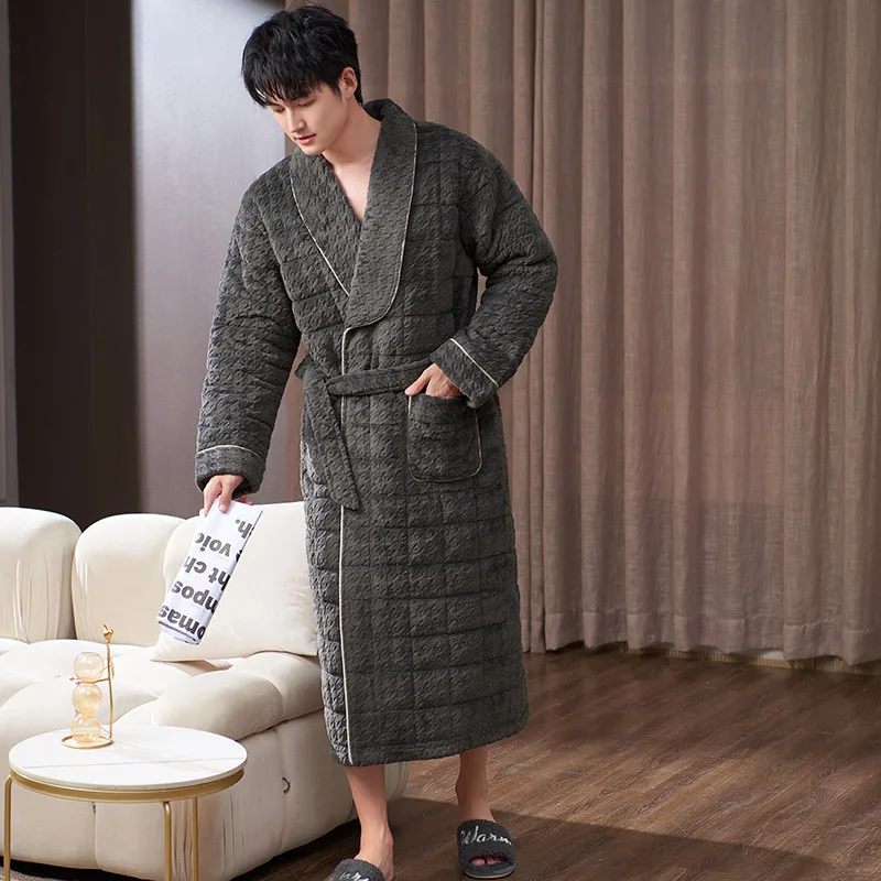 

Men's Winter Quilted Robes Male Thick Warm Long Bathrobes Autumn Comfort Flannel Padded Bath Robe Big Yards M-3XL Pijamas Mujer