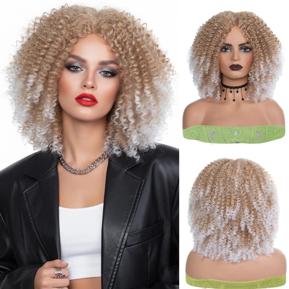 

Short Afro Curly Kinky Blonde Wig for Women Middle Part Line Synthetic Heat Resistant Daily Party Wig
