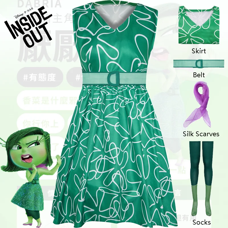 Movie Inside Out Disgust Cosplay Costume Halloween Carnival Party Green Dress Clothes Role Play Uniform Suit for Kids Adult Girl