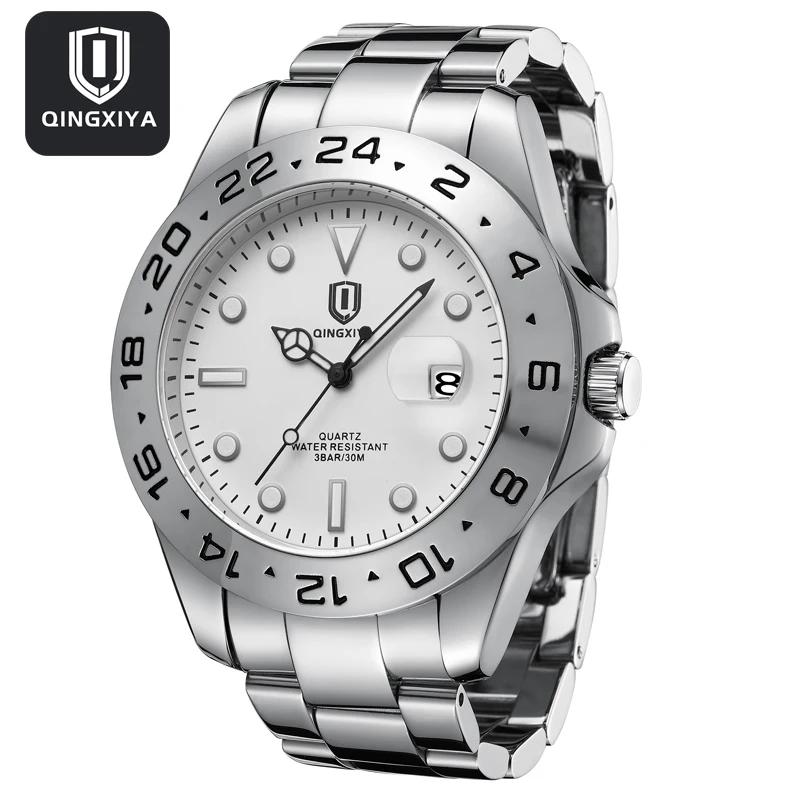 

QINGXIYA Brand Luxury Solid Stainless Steel Quartz Watch for Men Waterproof Luminous Calendar Men Wristwatches Relogio Masculino