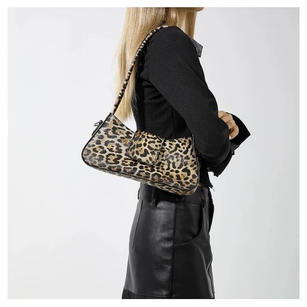 Knock Trendy Vintage PU Leather Crossbody Bags Versatile French Style Underarm Bag for Women Brown Black Leopard Handbag