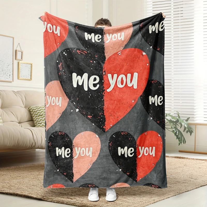 Vintage Me You Split Heart Print Throw Blanket,soft,sofa,reading nook,balcony lounge,ideal for cozy downtime,birthday gifts