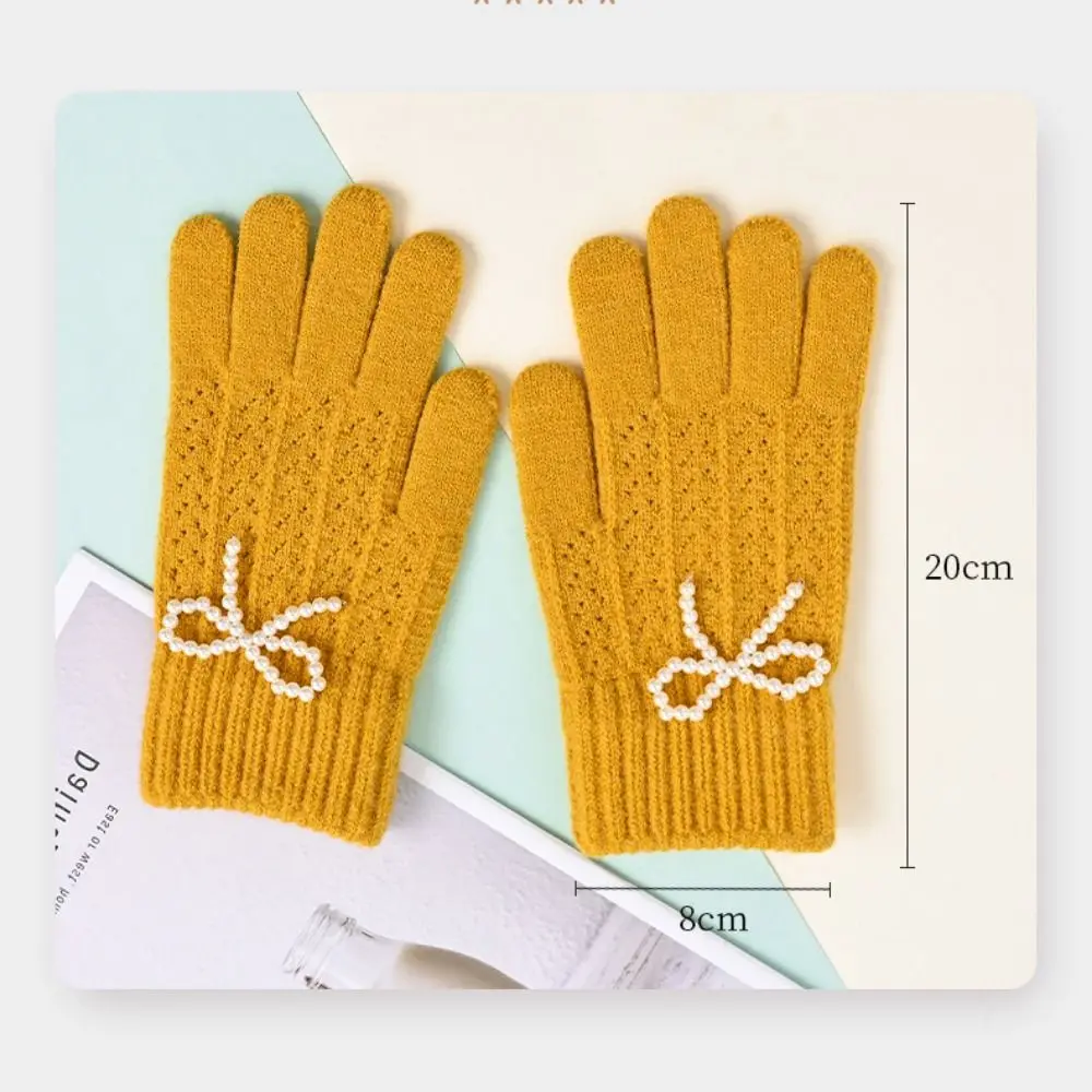 Новые вязаные перчатки Kawaii с жемчужным бантом ярких цветов, однотонные теплые перчатки с длинными пальцами, модные велосипедные аксессуары, женские варежки