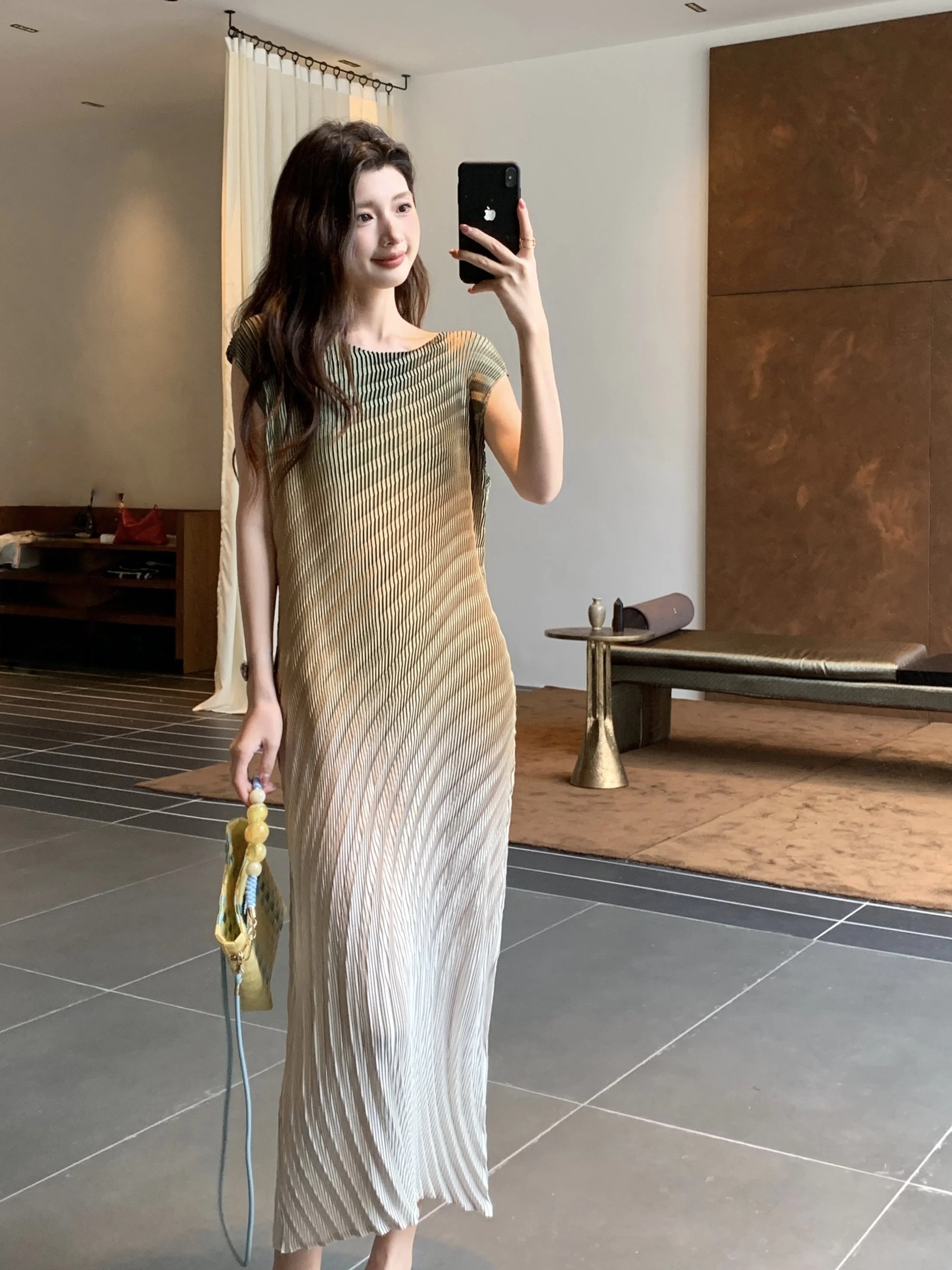 Elegant Casual Pleated Summer Dress Women's Loose Stylish Slimming Midi Skirt Straight Cut Loose Fit Polyester Fiber