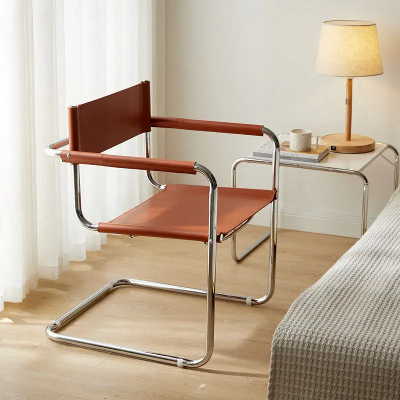 Bauhaus Cantilever Armchair PU Leather Accent Lounge Chair Stainless Steel Frame Leisure Dining Chair Living Room Home Furniture