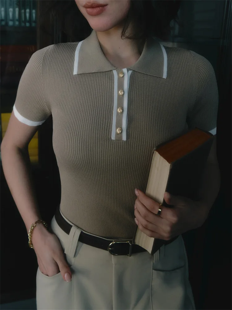 

Весна 2025 г., женский вязаный пуловер, модный лоскутный свитер с короткими рукавами, элегантный тонкий вязаный пуловер с контрастными лацканами, топ