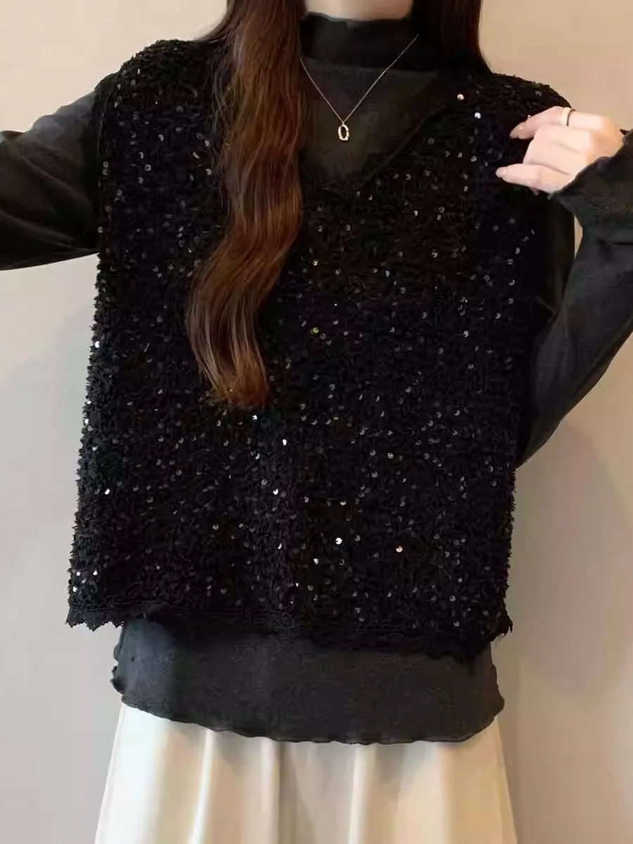 

Зимний комплект из двух предметов: топ-жилет с яркими пайетками и модная футболка с длинным рукавом и высоким воротником для повседневной носки, большие размеры